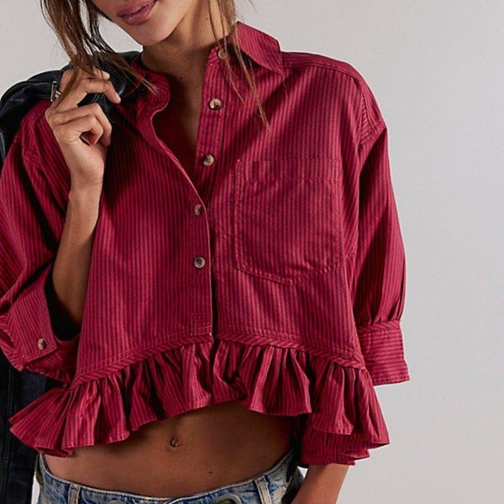 We The Free Raspberry Red Ruffled Button-Down Shirt